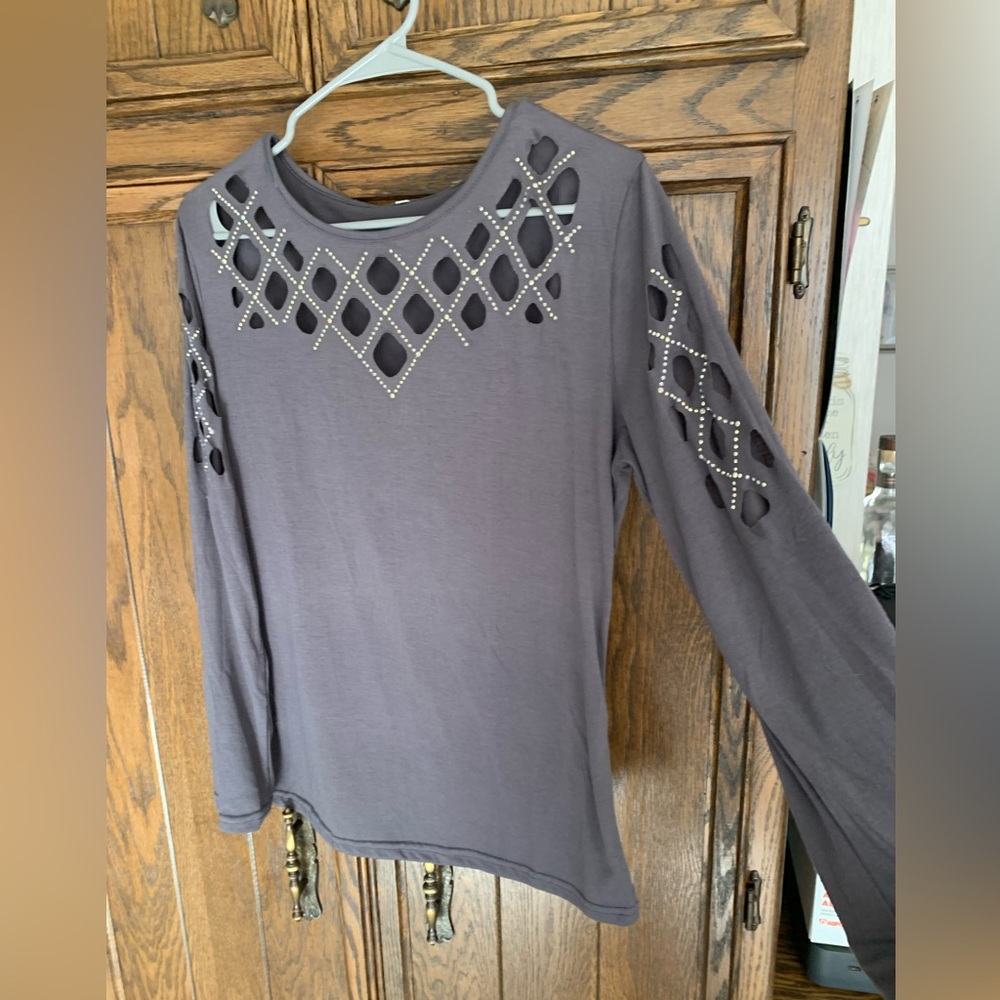NWOT Elegant Gray Women's Top with Cutout Design and rhinestones